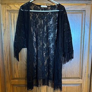 La Vie 89 Boutique black lace fringe open cardigan